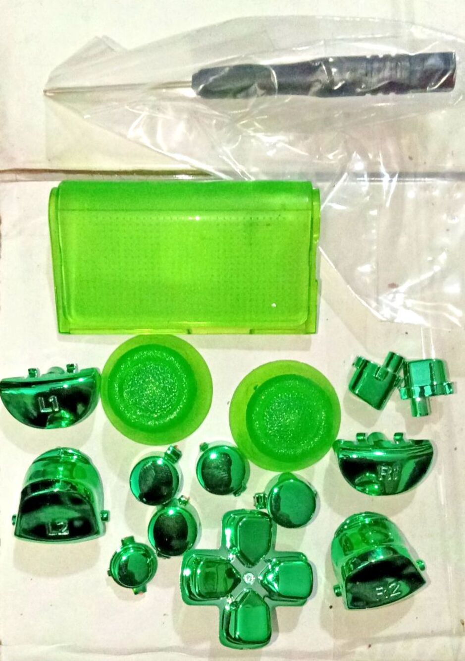 x2 Pack DIY PS4 Mod Kit Chrome / Clear Green Full Button DualShock 4 Controller